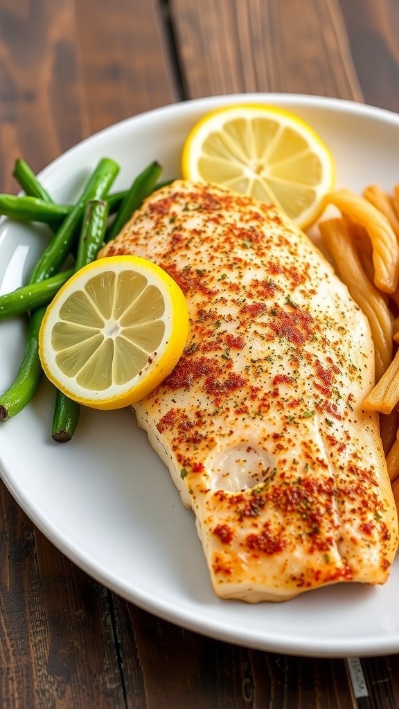Seasoned Mahi Mahi fillet with lemon wedges on a white plate, served with vegetables on a rustic table.